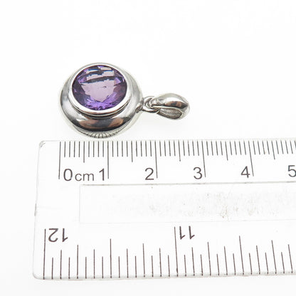 925 Sterling Silver Vintage EMA Real Round-Cut Amethyst Charm Pendant