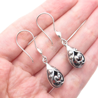 925 Sterling Silver Vintage Heart Teardrop Dangle Oxidized Earrings