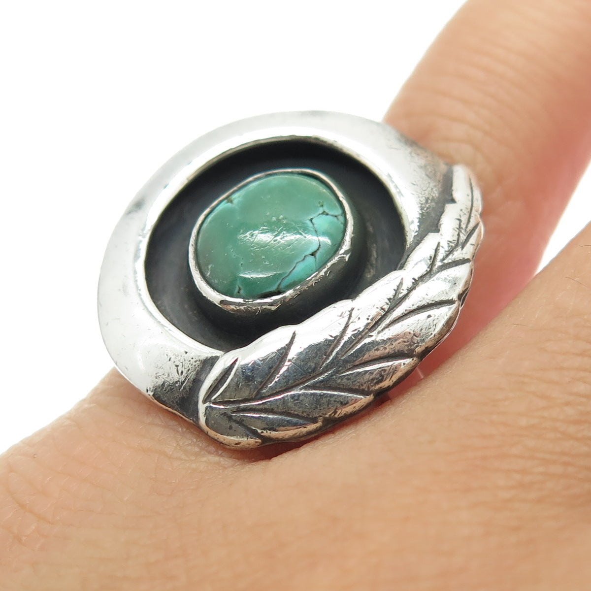 Old Pawn 925 Sterling Silver Vintage Royston Turquoise Feather Ring Size 5.5