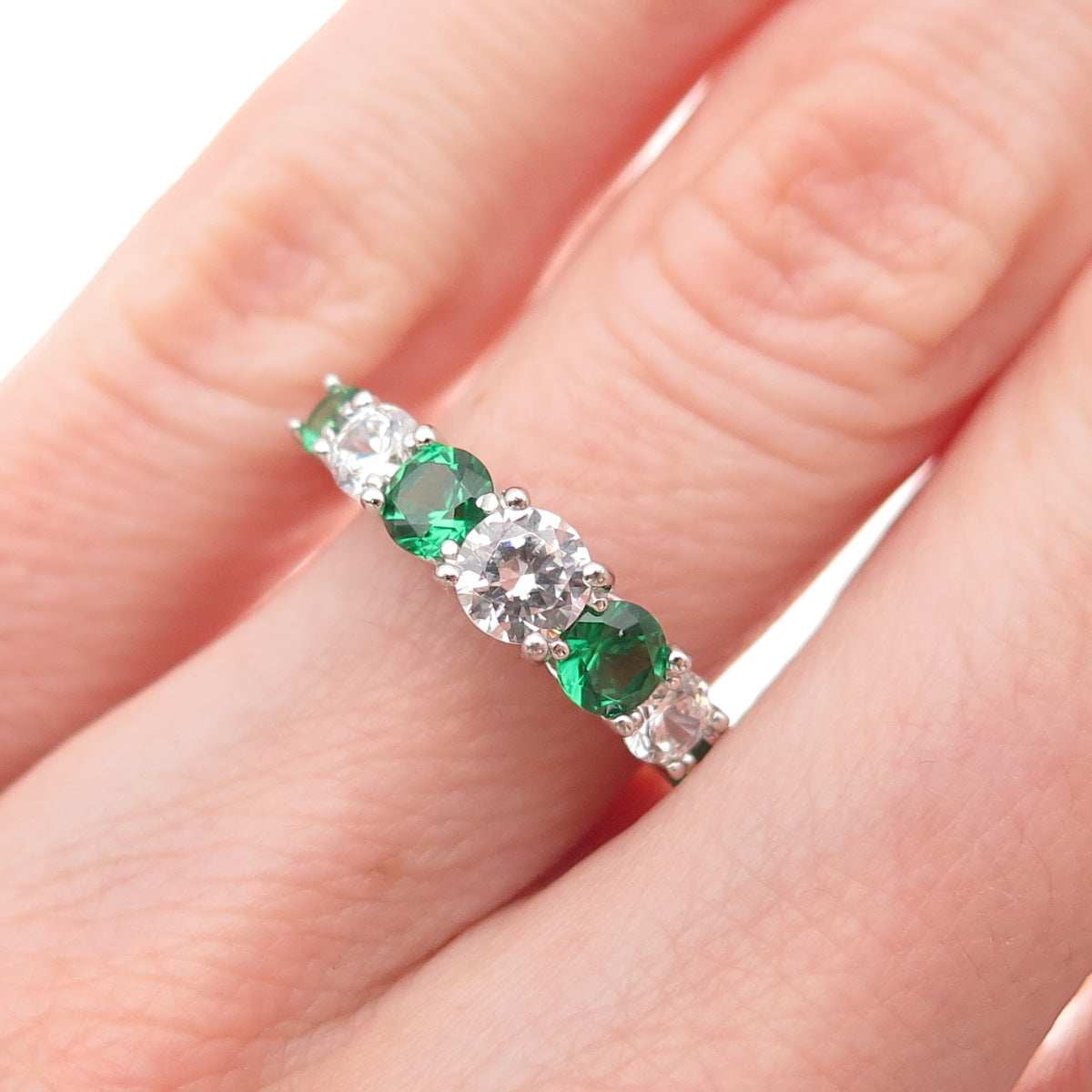 925 Sterling Silver Real Round-Cut Chrome Diopside & C Z Ring Size 5.25