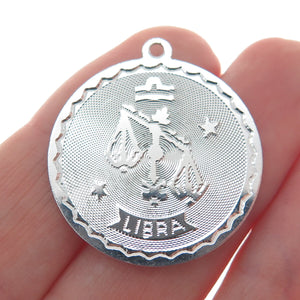 925 Sterling Silver Vintage Libra Zodiac Sign Round Pendant