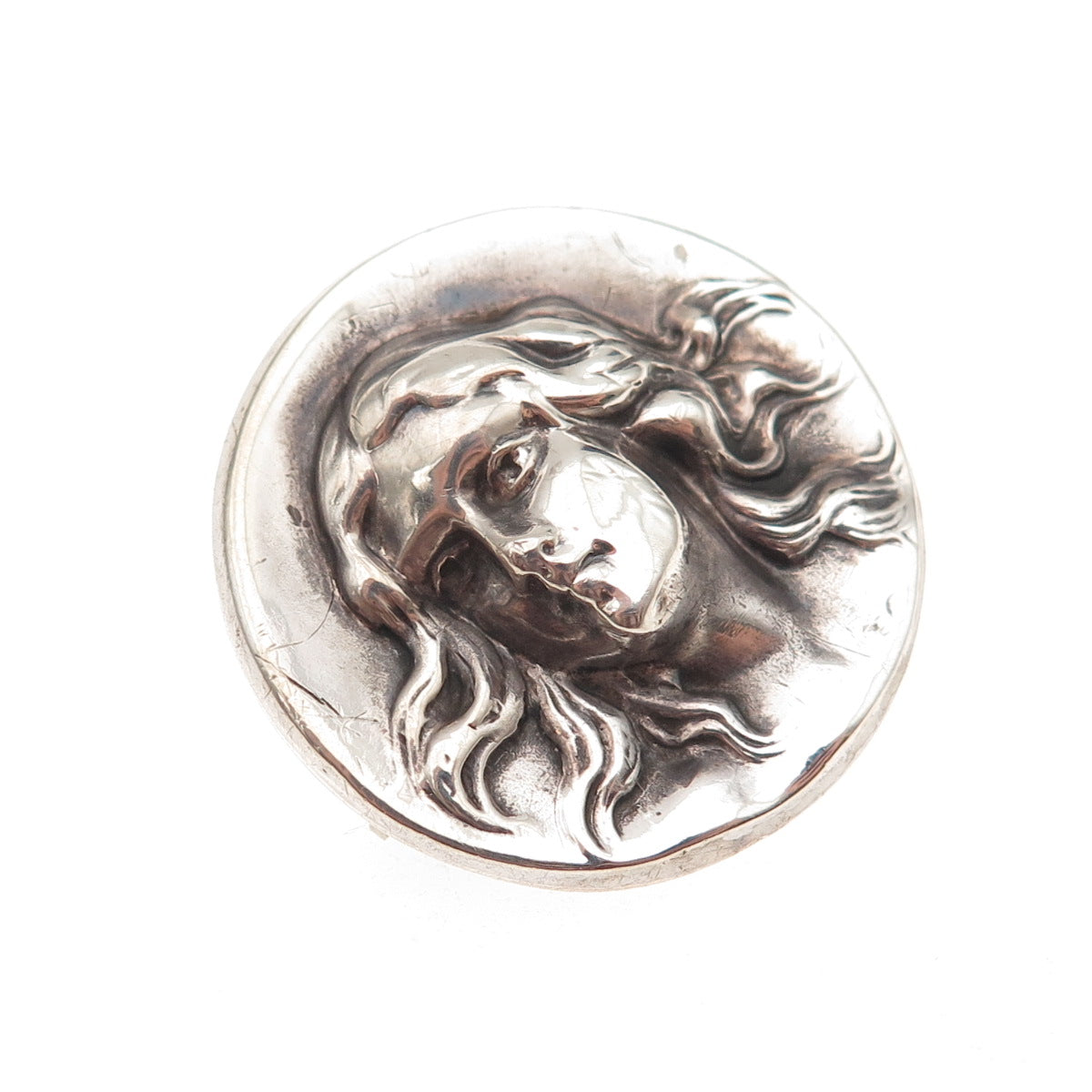 925 Sterling Silver Antique Art Deco Lady Cameo Repousse Oxidized Pin Brooch
