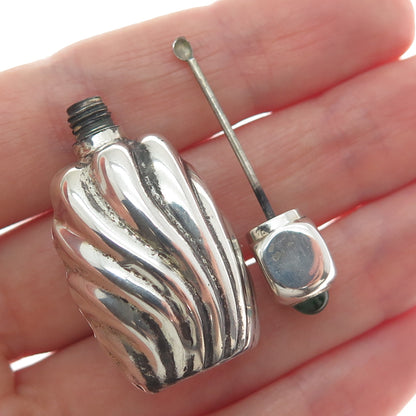925 Sterling Silver Vintage Mexico Green Glass Modernist Oxidized Perfume Bottle