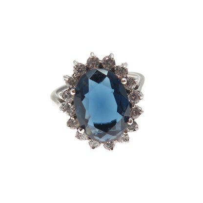 925 Sterling Silver Vintage Dark Blue & White C Z Bohemian Ring Size 8