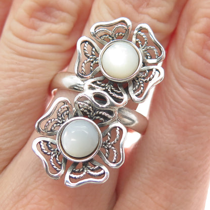 RIDER 950 Silver Vintage Real Mother-of-Pearl Flower Filigree Ring Size 8