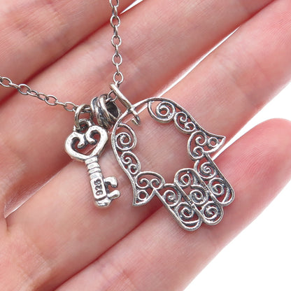 OR PAZ PZ Sterling Silver Vintage Israel Filigree Hamsa & Key Chain Necklace 18"
