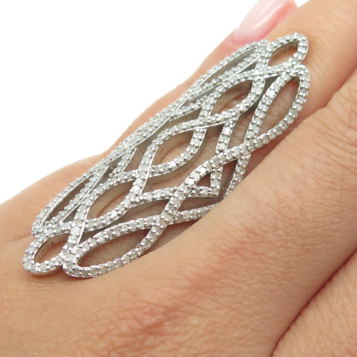 925 Sterling Silver Real Round-Cut Diamond Twisted Statement Ring Size 7