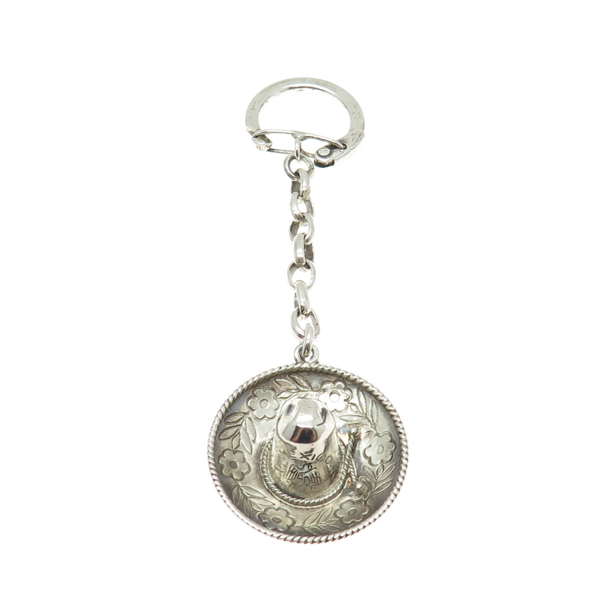 925 Sterling Silver Vintage Mexico Sombrero Hat Cable Chain Key Ring