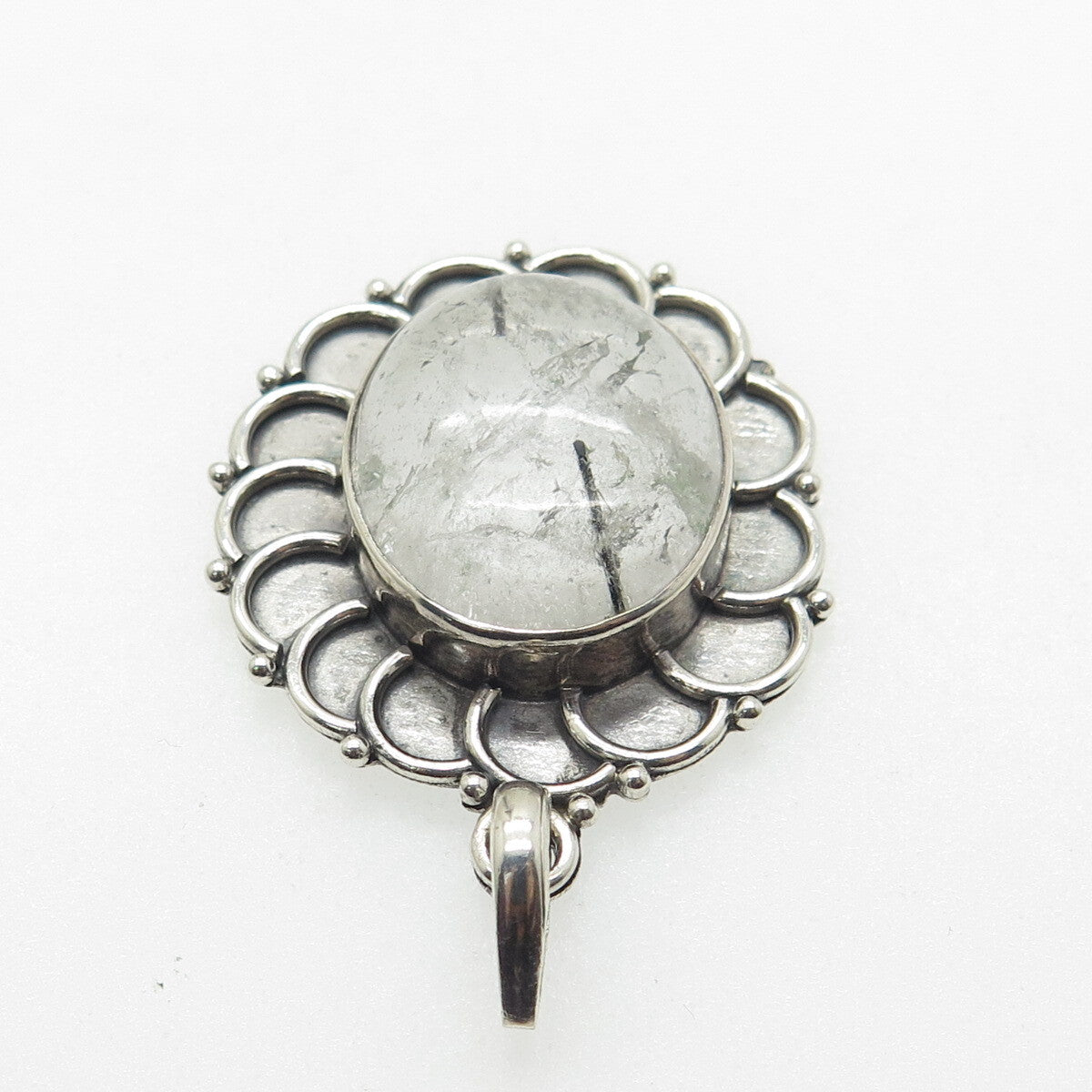 925 Sterling Silver Vintage Real Rutilated Quartz Flower Oxidized Pendant