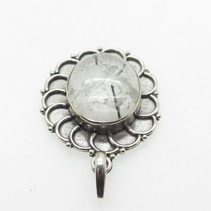 925 Sterling Silver Vintage Real Rutilated Quartz Flower Oxidized Pendant