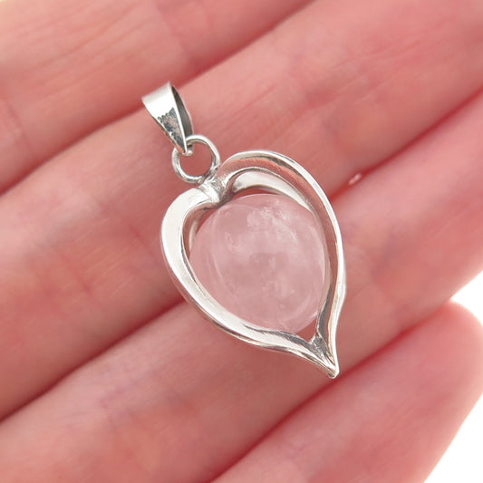 925 Sterling Silver Vintage Real Rose Quartz Heart Cage Charm Pendant