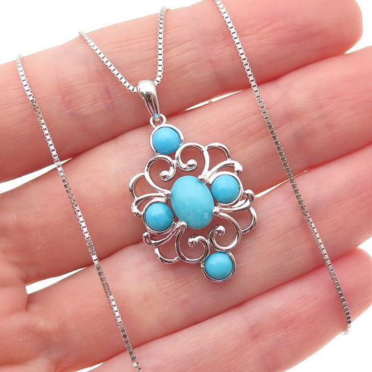 925 Sterling Real Sleeping Beauty Turquoise Floral Box Chain Necklace 18-20"