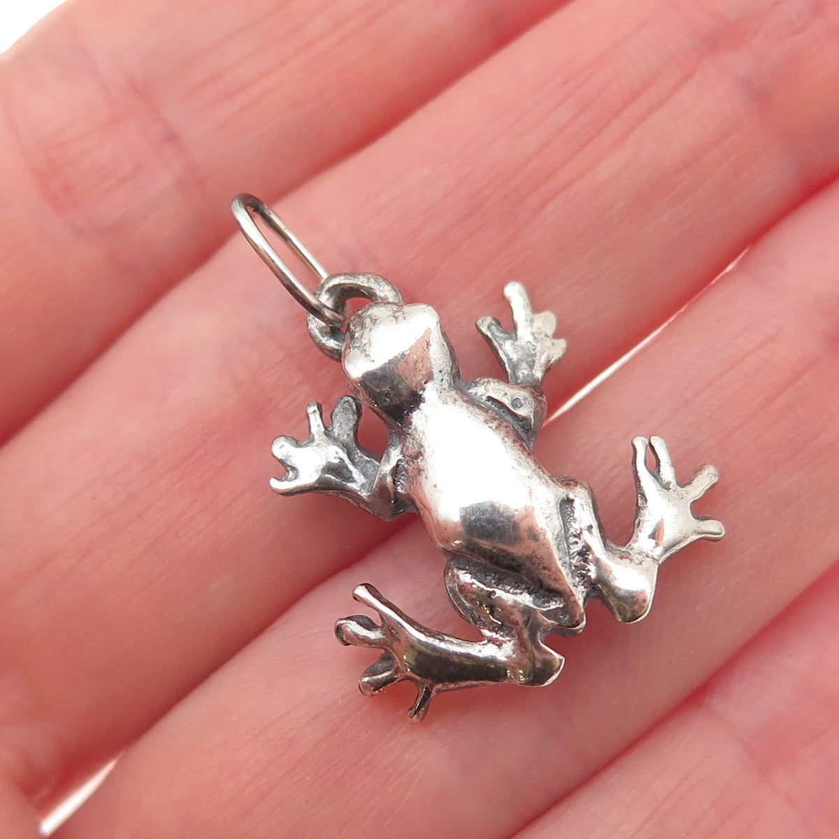 925 Sterling Silver Vintage Frog Good Luck Oxidized 3D Mini Charm Pendant