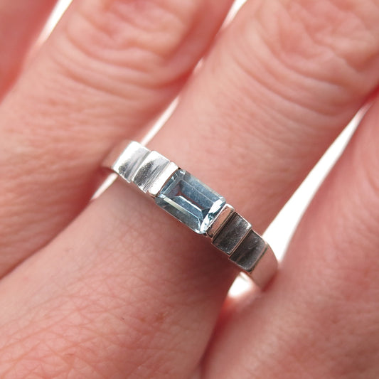 925 Sterling Silver Vintage Real Blue Topaz Oxidized Band Ring Size 8