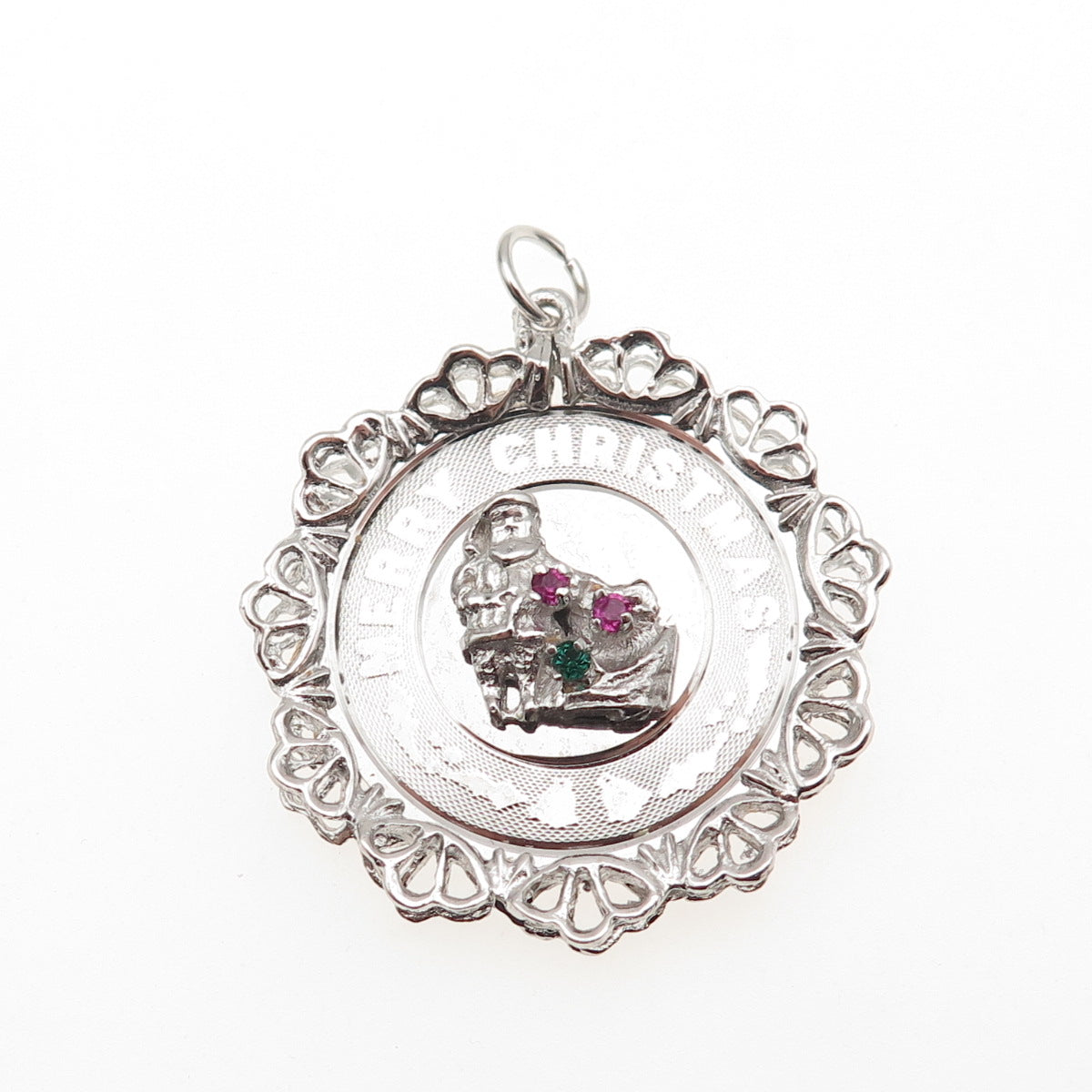 925 Sterling Silver Vintage Rhinestone Santa Merry Christmas Charm Pendant