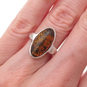 925 Sterling Silver Vintage Real Amber Modernist Oxidized Ring Size 5.75