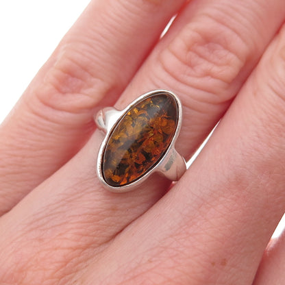925 Sterling Silver Vintage Real Amber Modernist Oxidized Ring Size 5.75