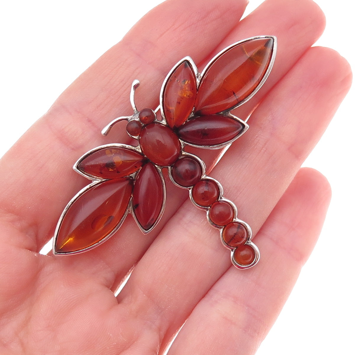 925 Sterling Silver Vintage AS Poland Real Amber Dragonfly Oxidized Pin Brooch