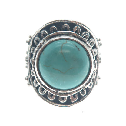 925 Sterling Silver Vintage Real Mountain Turquoise Sun Oxidized Ring Size 10.5
