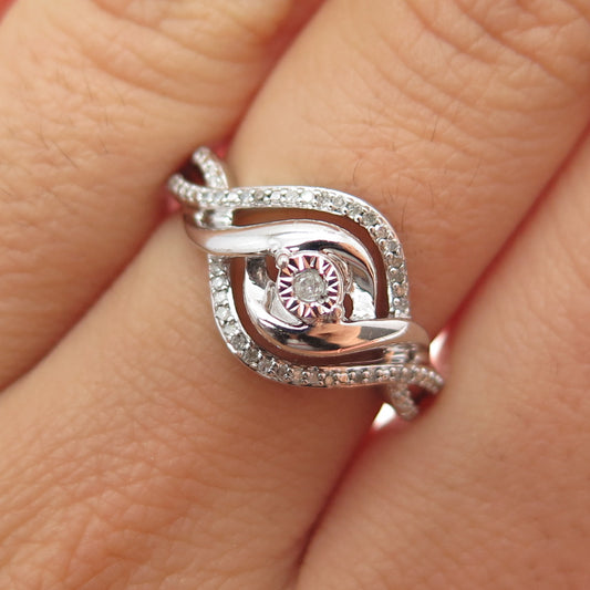 925 Sterling Silver Real Round-Cut Diamond Twisted Ring Size 7
