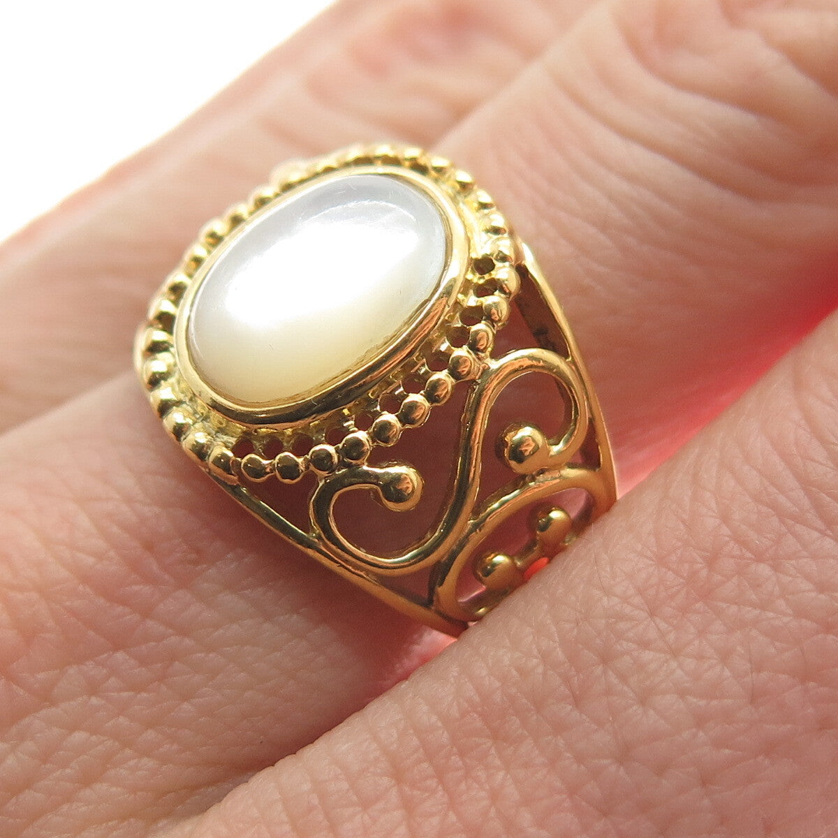 RJ GRAZIANO 925 Sterling Silver Gold Plated Real MOP Ornate Ring Size 7