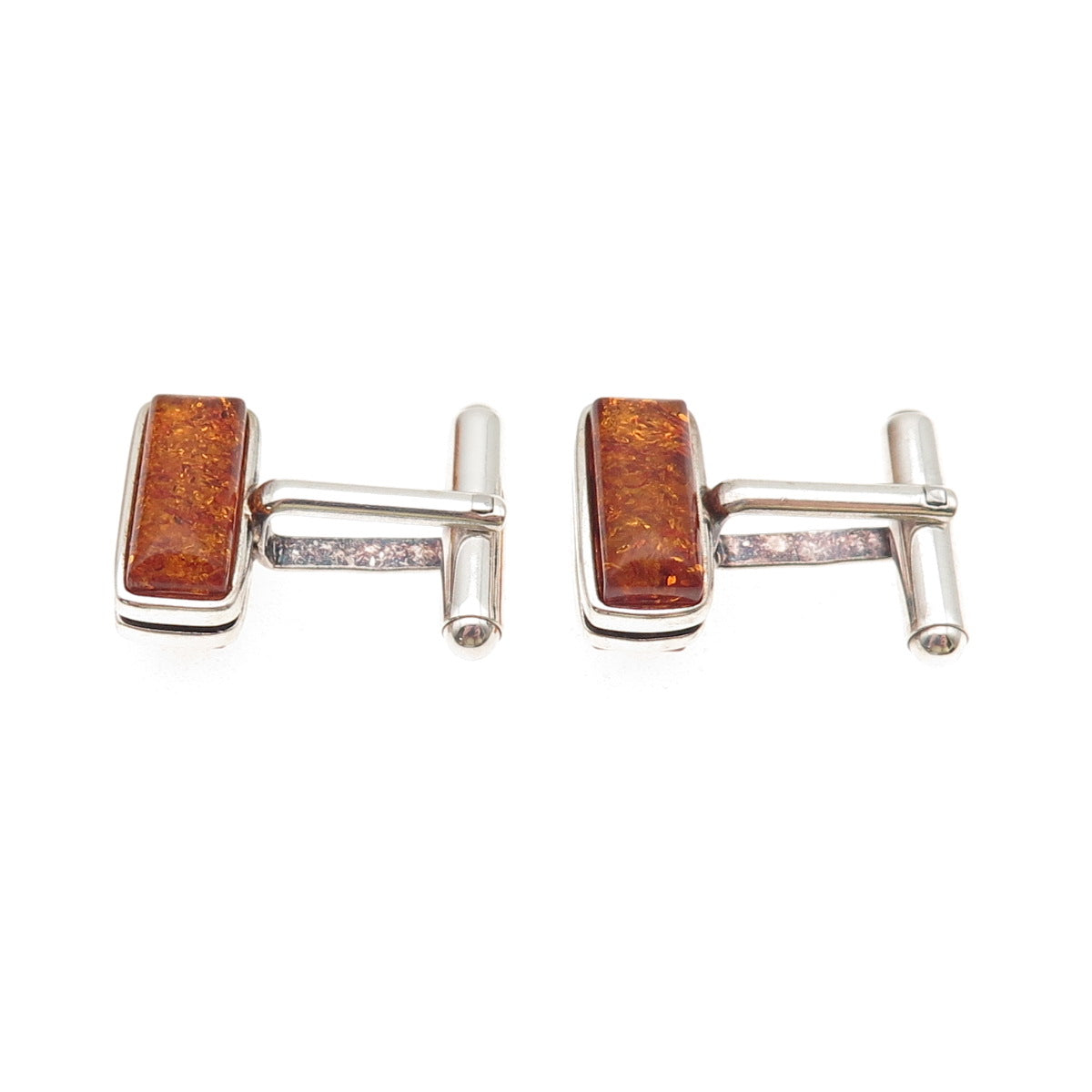925 Sterling Silver Vintage JV Poland Real Amber Modernist Cufflinks