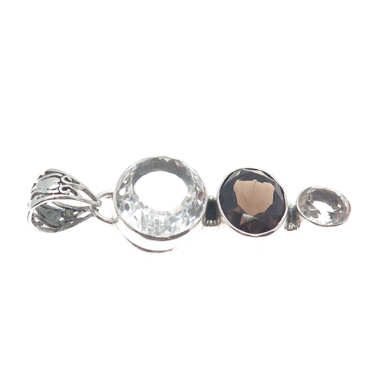 925 Sterling Silver Vintage Real White Topaz & Smoky Quartz Graduated Pendant