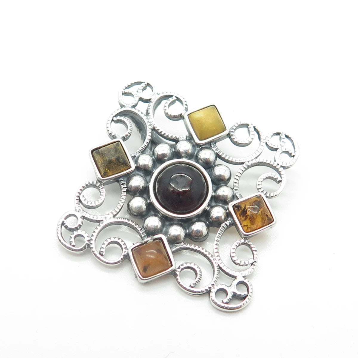 925 Sterling Silver Vintage Poland Real Amethyst & Amber Swirl Cross Pendant
