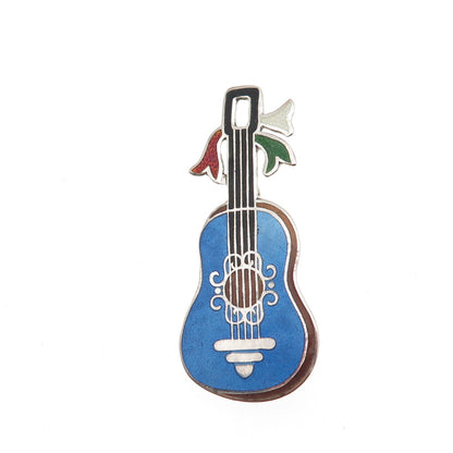 Jeronimo Fuentes 925 Sterling Silver Vintage Mexico Enamel Guitar Pin Brooch