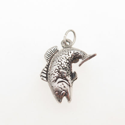 925 Sterling Silver Vintage Fish Oxidized 3D Mini Charm Pendant