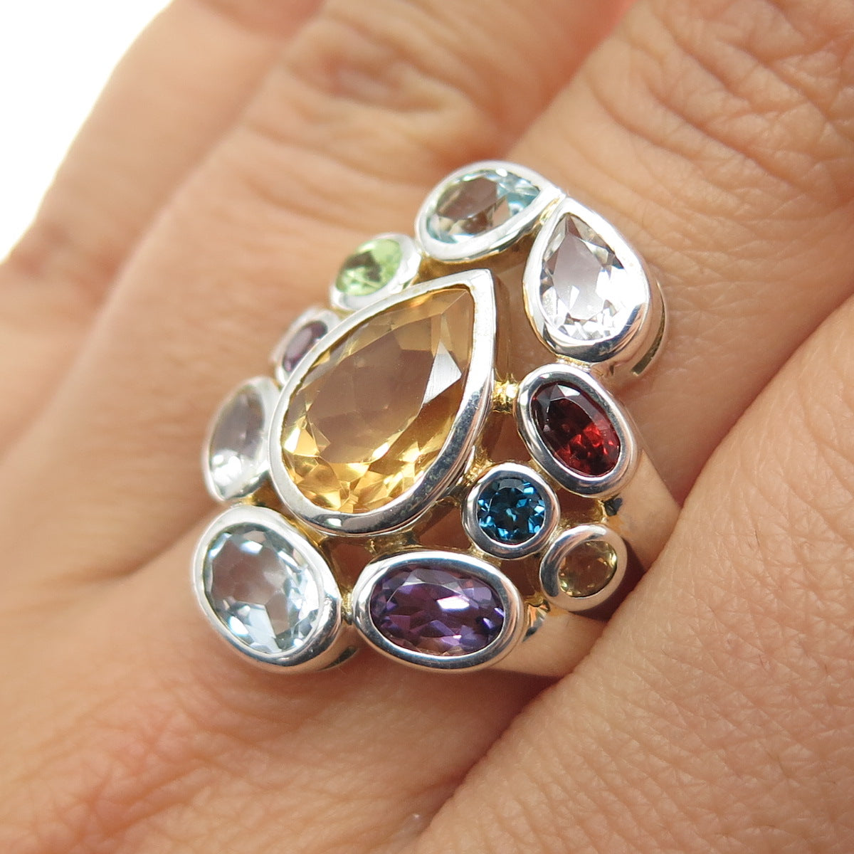 FADI Sterling Vintage Real Topaz Peridot Garnet Amethyst Citrine Ring Size 7.25