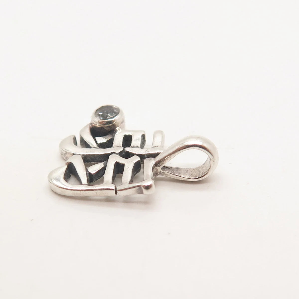 925 Sterling Silver Vintage Real Blue Topaz Gemstone Chinese Character Pendant