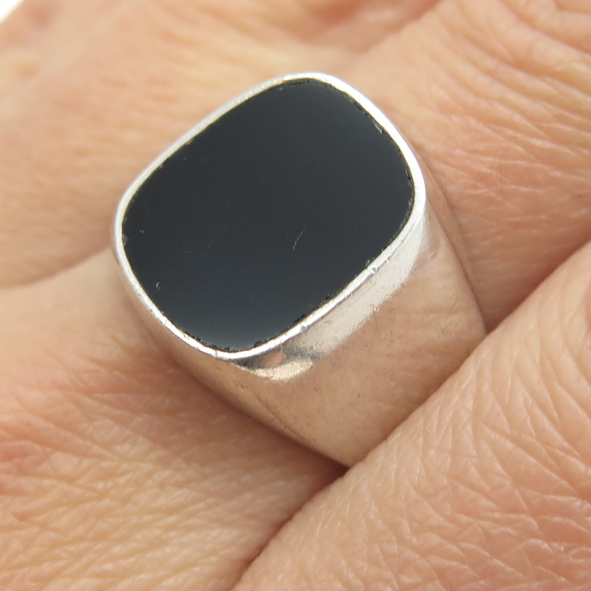 925 Sterling Silver Vintage Mexico Real Black Onyx Signet Ring Size 9.5