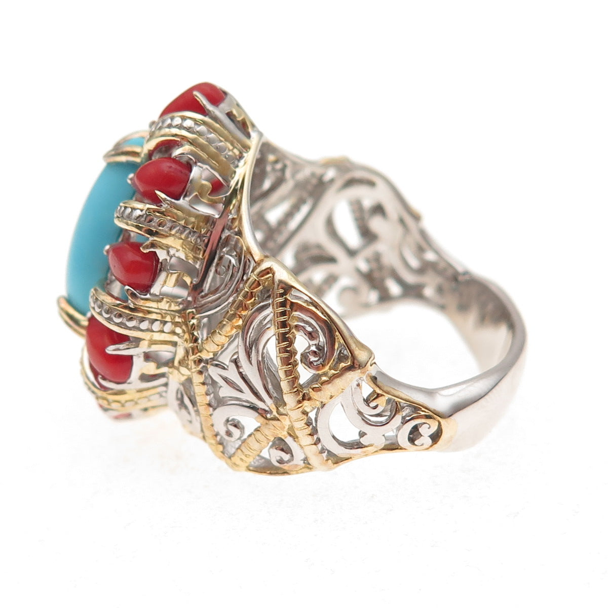 Michael Valitutti Gems En Vogue 925 Sterling Real Turquoise Coral Ring Size 8.25