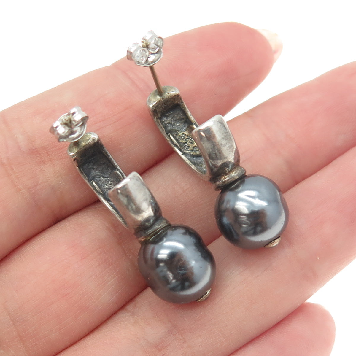 925 Sterling Silver Vintage Faux Pearl “La Paix” Half Hoop Earrings