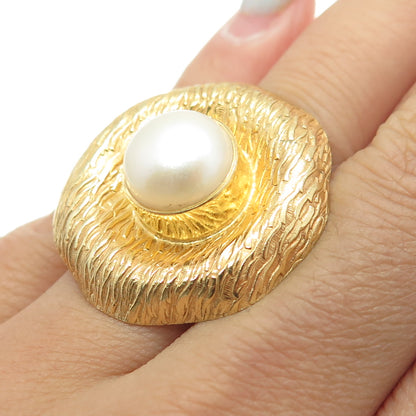 925 Sterling Silver Gold Plated Vintage Real Pearl Modernist Ring Size 6.25