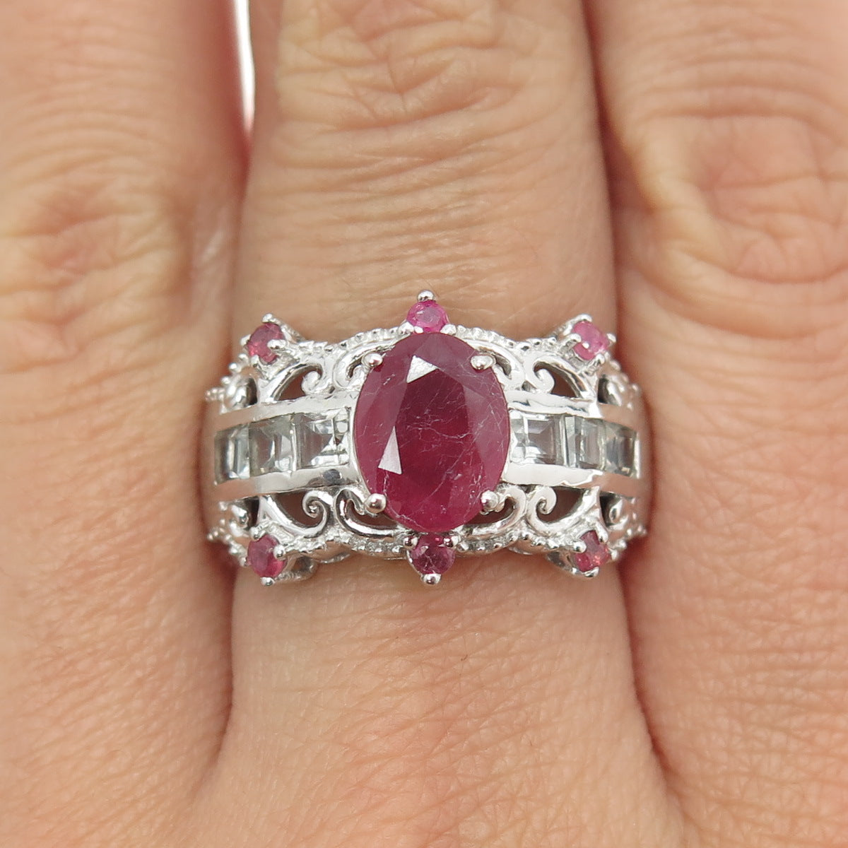 925 Sterling Silver Real Ruby & White Topaz Bohemian Ring Size 7