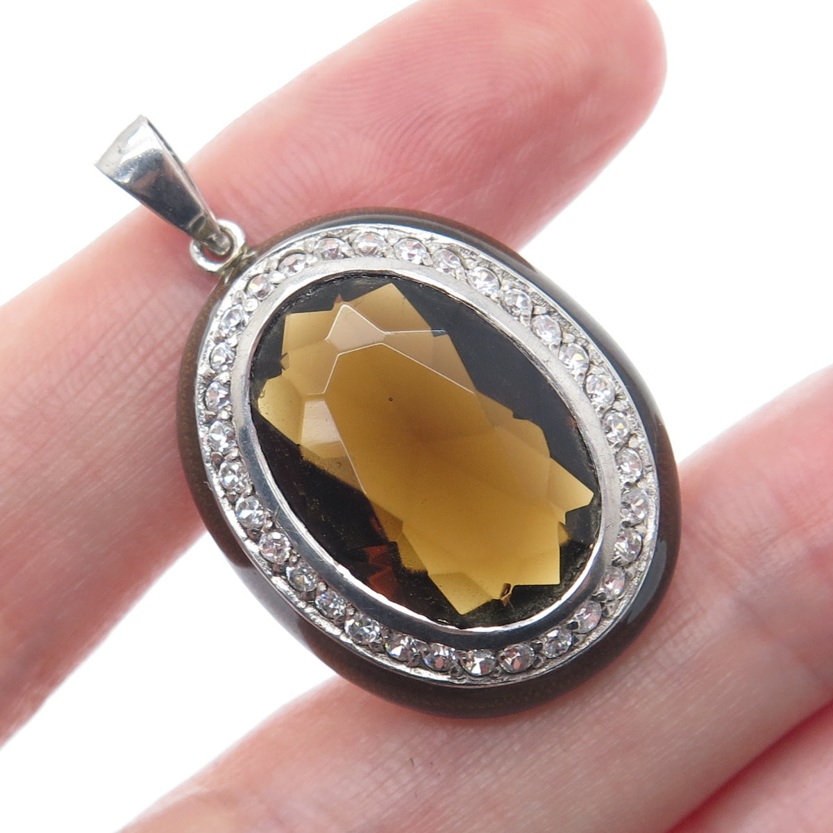 925 Sterling Silver Enamel Real Smoky Quartz & C Z Charm Pendant