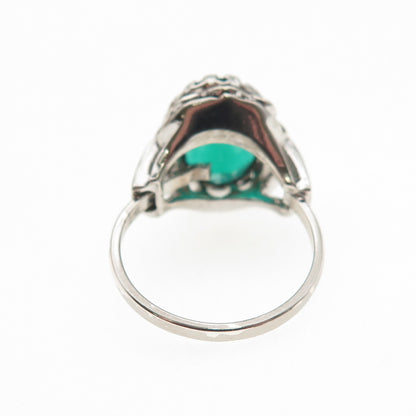 Diadema Sterling Silver Antique Art Deco Oval-Cut Green Glass Crown Ring Size 6
