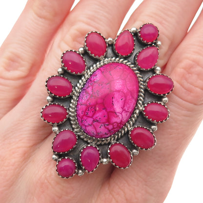 925 Sterling Vintage Pink Turquoise & Onyx Statement Adjustable Ring Size 8.75
