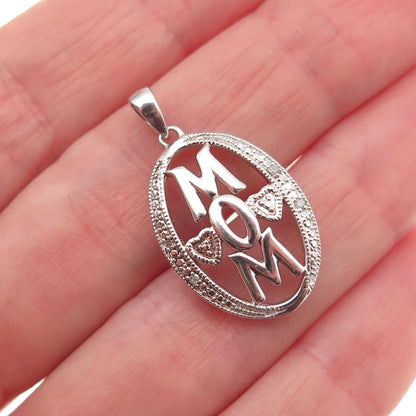 925 Sterling Silver Real Round-Cut Diamond Mom Heart Charm Pendant