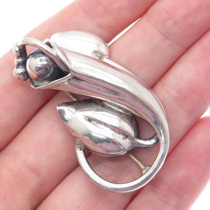 925 Sterling Silver Vintage Modernist Flower Oxidized Pin Brooch