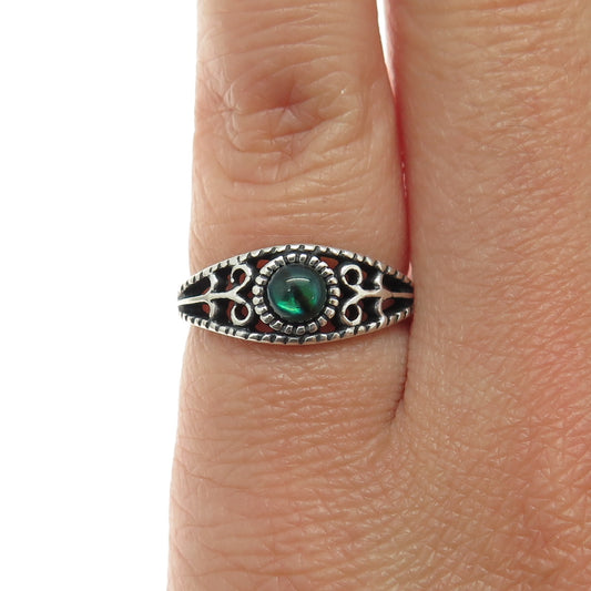 925 Sterling Silver Vintage Real Doublet Green Abalone Shell Ornate Ring Size 5