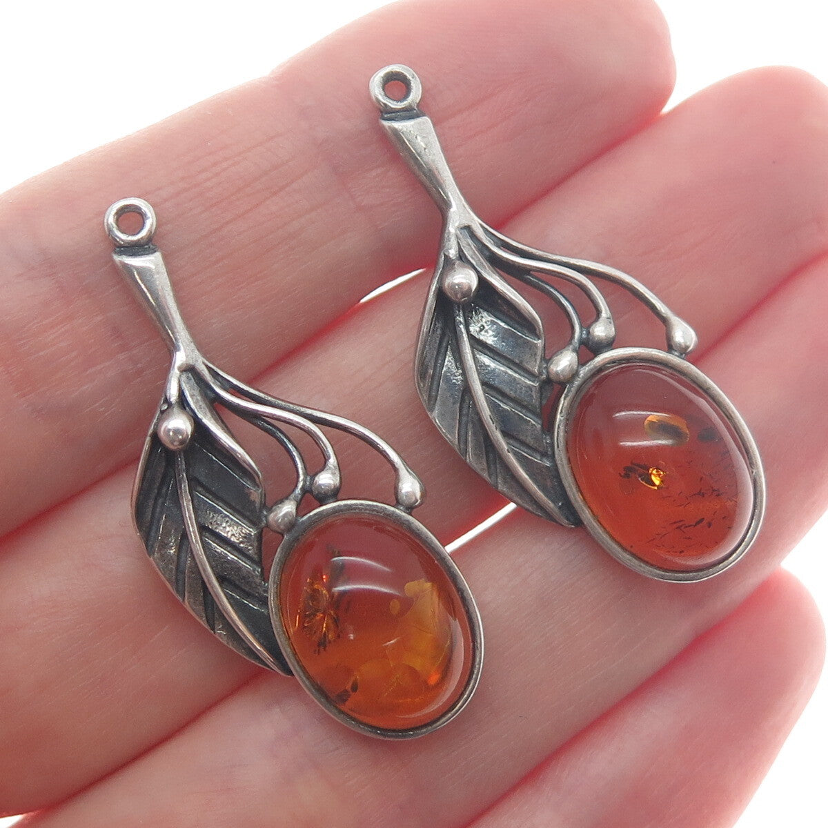 925 Sterling Silver Vintage Real Baltic Amber Leaf Oxidized Jacket Earrings