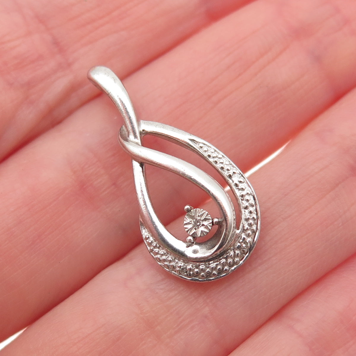 925 Sterling Silver Real Round-Cut Diamond Teardrop Charm Pendant