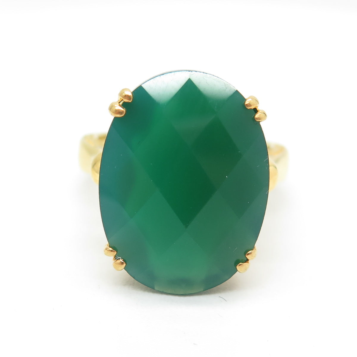 925 Sterling Silver Gold Plated Real Green Onyx Gemstone & C Z Ring Size 8