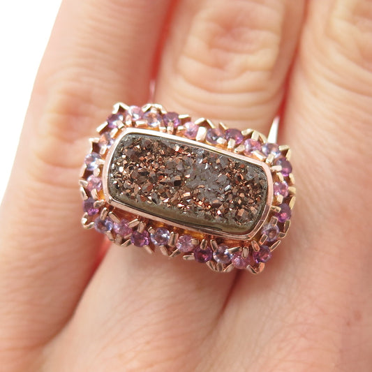 925 Sterling Silver Rose Gold Plated Druzy Pink Topaz & Amethyst Ring Size 5