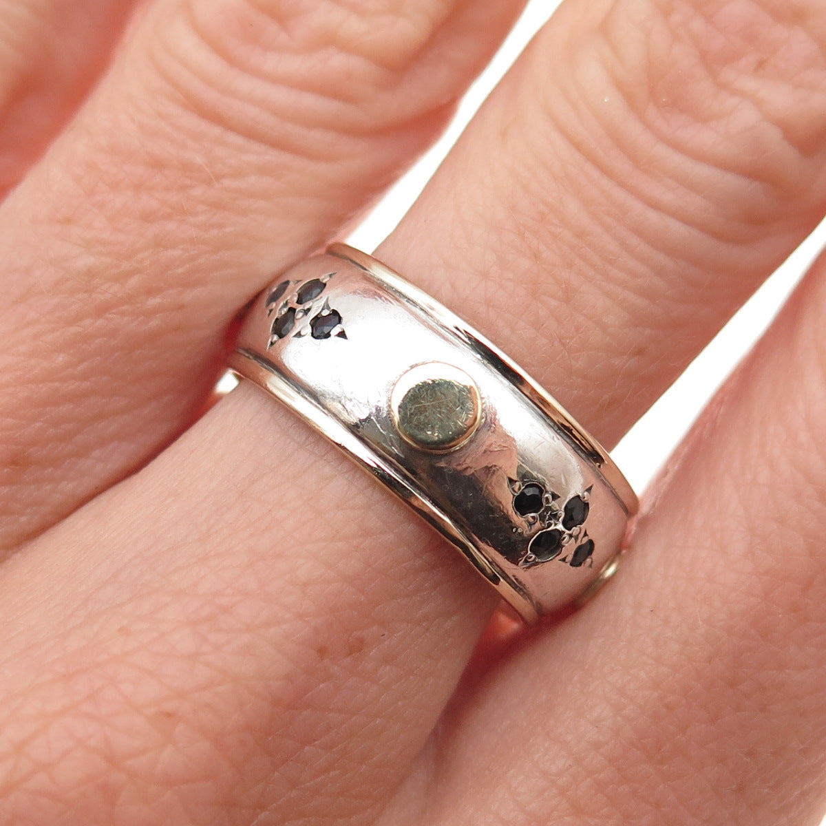 925 Sterling Silver 14K Gold Vintage Real Sapphire Band Ring Size 9