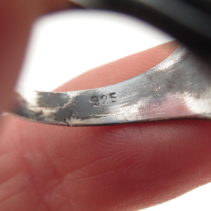 925 Sterling Silver Vintage Real Black Onyx Ribbed Oxidized Ring Size 9