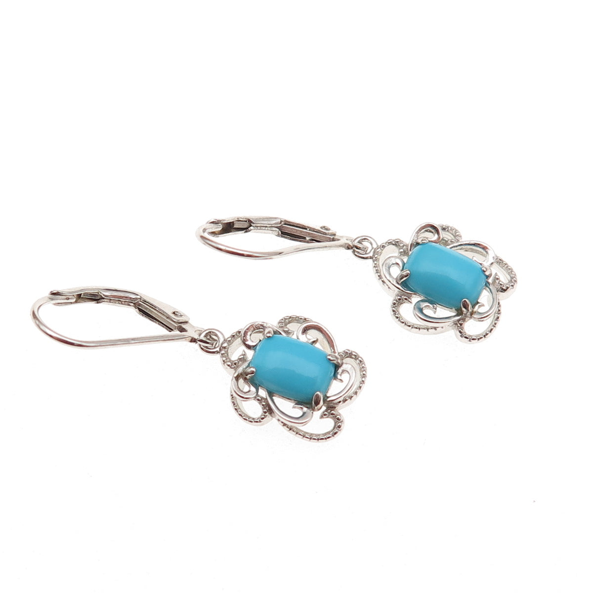 925 Sterling Silver Real Sleeping Beauty Turquoise Floral Dangle Earrings